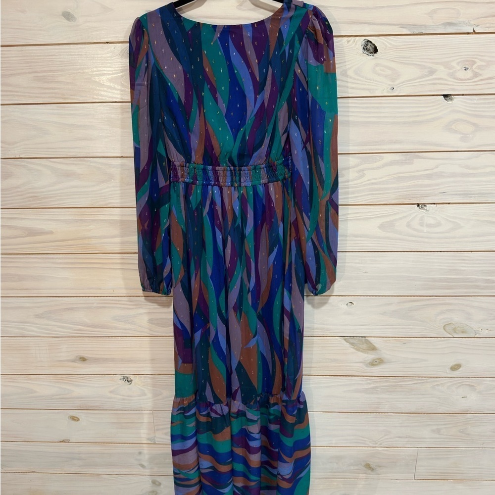 Blue and Green Long Sleeve Sundress with V-Neck - Picture 8 of 8